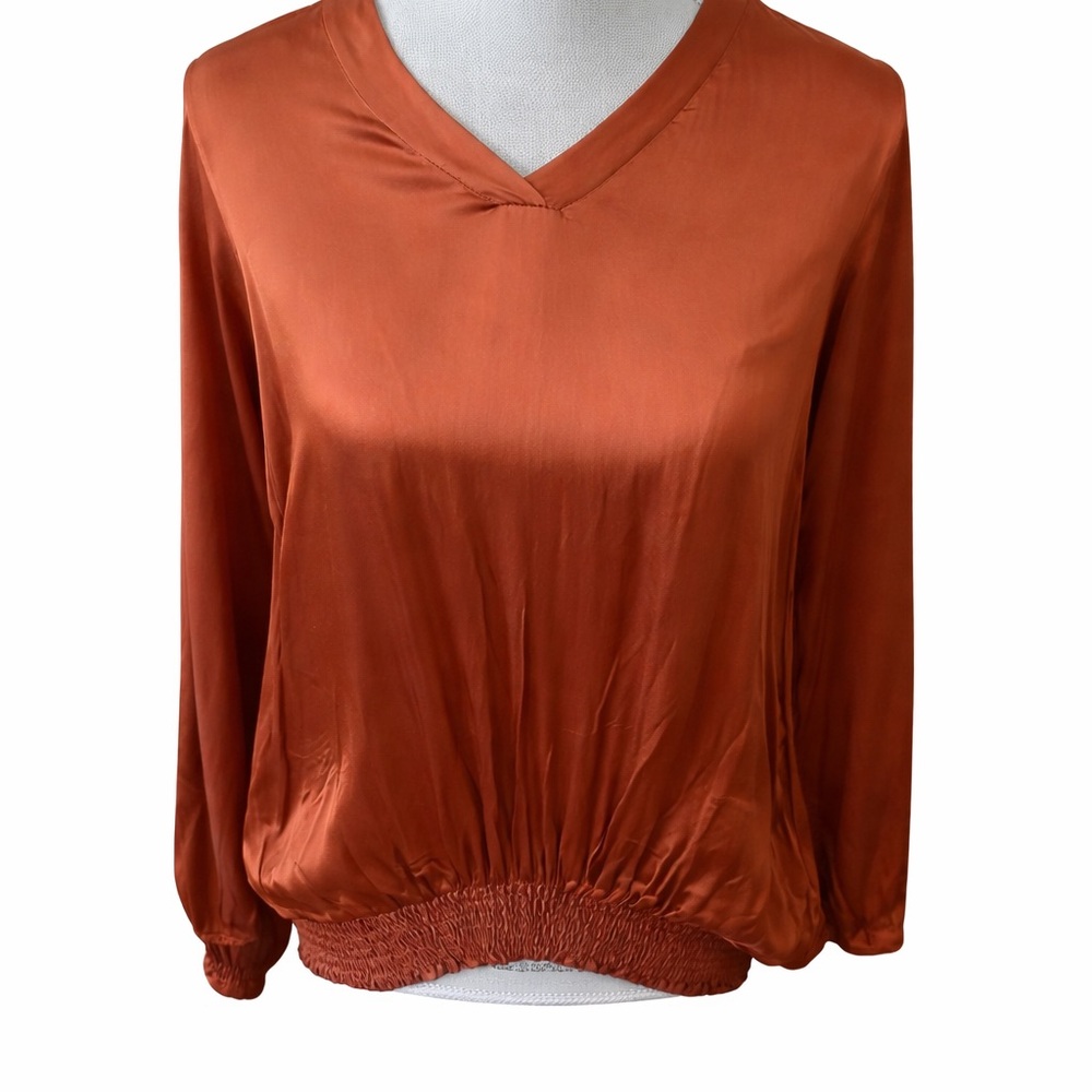 Made in Italy Rust Satin V-Neck Smocked Hem Blouse Women’s